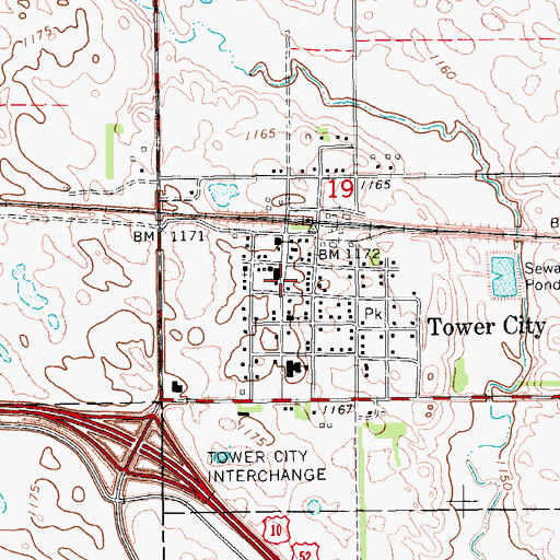 Topographic Map of Tower City Post Office, ND
