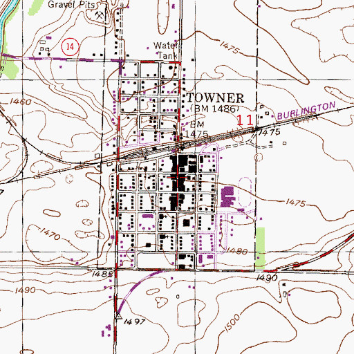 Topographic Map of Towner Post Office, ND
