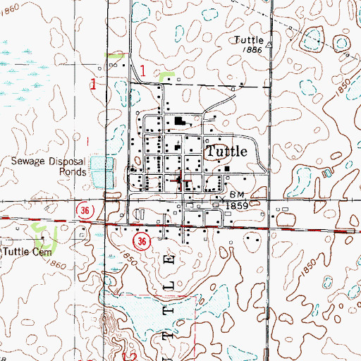 Topographic Map of Tuttle Post Office, ND