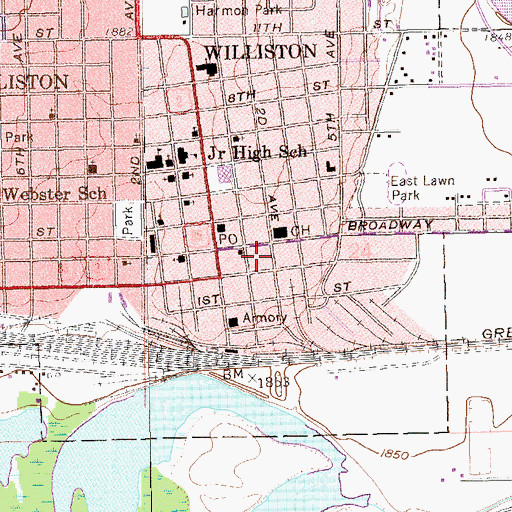 Topographic Map of Williston Post Office, ND