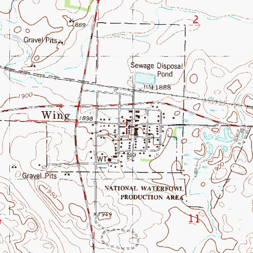 Topographic Map of Wing Post Office, ND