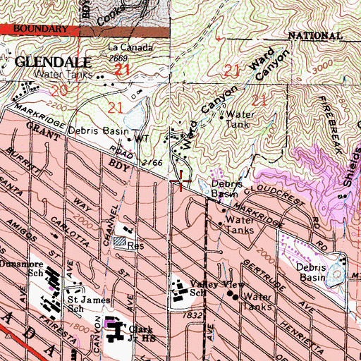 Topographic Map of Ward Canyon, CA