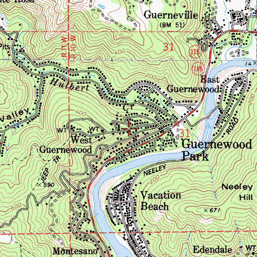 Topographic Map of Guerneville Bible Church, CA