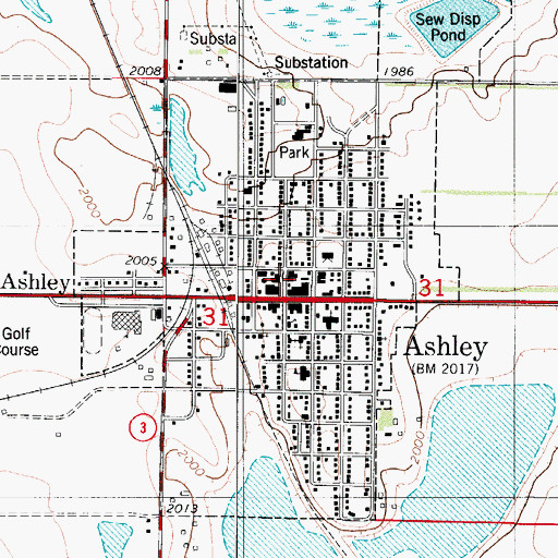 Topographic Map of Ashley Municipal Building, ND