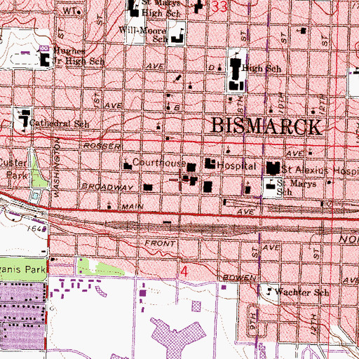Topographic Map of Bismarck City Hall, ND