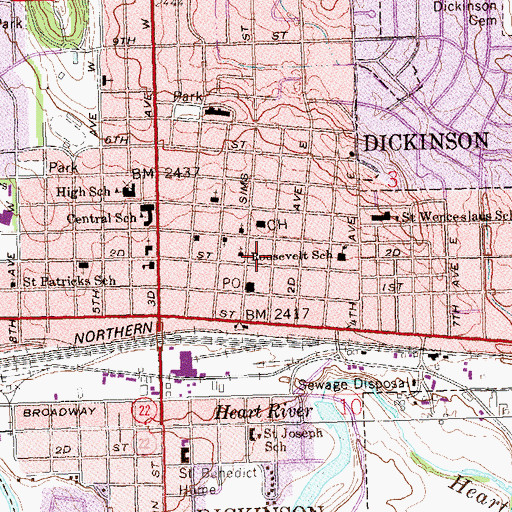 Topographic Map of Dickinson City Hall, ND