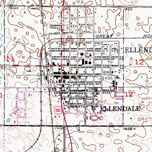 Topographic Map of Ellendale City Hall, ND