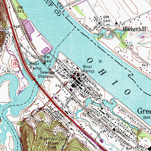 Topographic Map of Greenup County and Town Fathers Historical Marker, KY