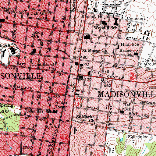 Topographic Map of Madisonville Courthouse Burning Historical Marker, KY