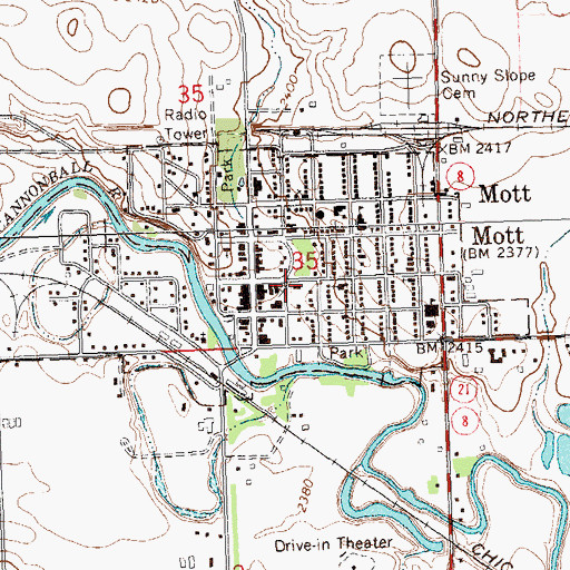 Topographic Map of Mott City Hall, ND