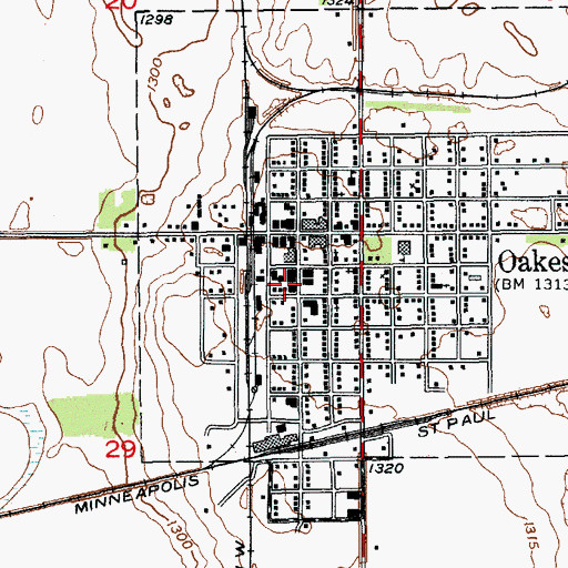 Topographic Map of Oakes City Hall, ND