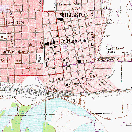 Topographic Map of Williston City Hall, ND