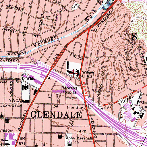 Topographic Map of Woodrow Wilson Middle School, CA