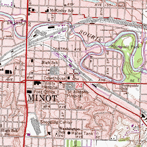 Topographic Map of Ward County Public Library, ND