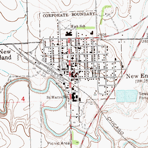 Topographic Map of New England Public Library, ND