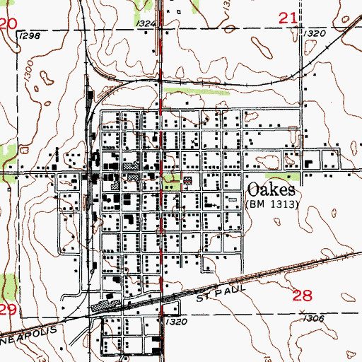 Topographic Map of Oakes School and Public Library, ND
