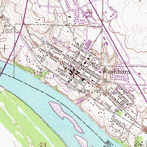 Topographic Map of Washburn Public Library, ND