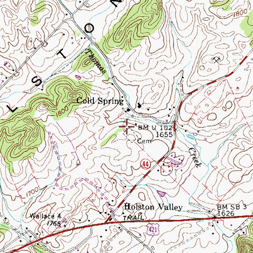 Topographic Map of Cold Spring Cemetery, TN