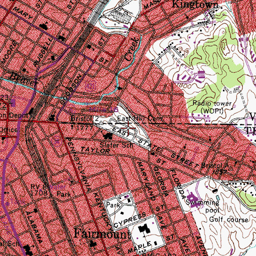 Topographic Map of East Hill Cemetery, TN