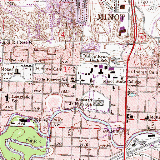 Topographic Map of Model Hall, ND