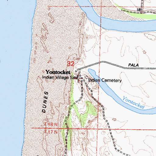 Topographic Map of Yontocket Indian Village Memorial Cemetery, CA