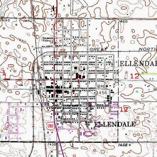 Topographic Map of Ellendale Public School, ND