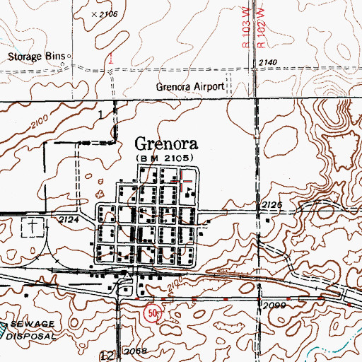Topographic Map of Grenora Public School, ND