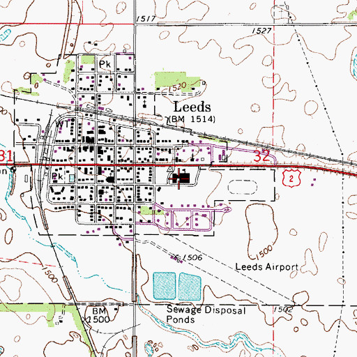 Topographic Map of Leeds Public School, ND