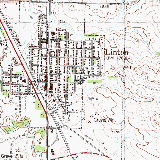 Topographic Map of Linton Public School, ND
