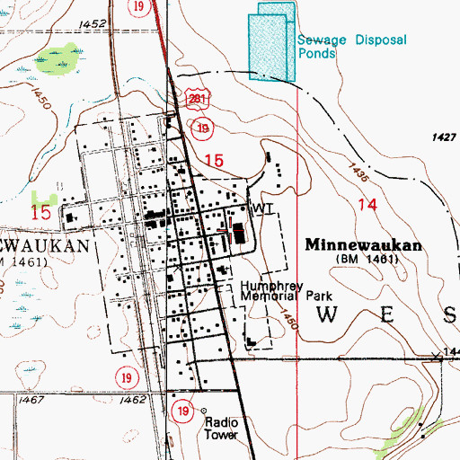 Topographic Map of Minnewaukan Public School, ND