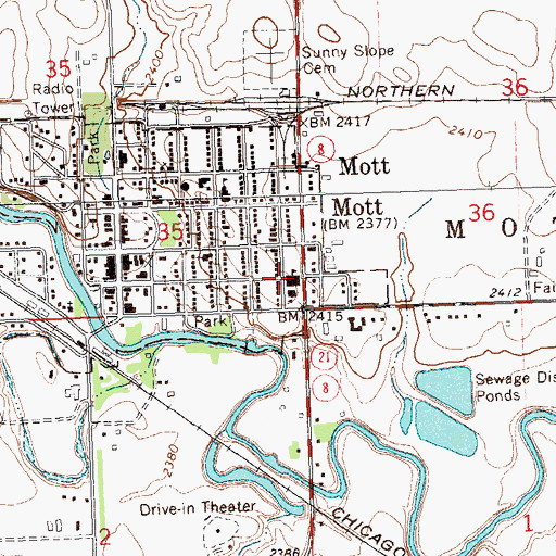 Topographic Map of Mott-Regent Public School, ND