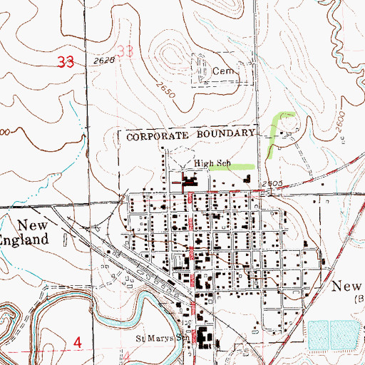 Topographic Map of New England Public School, ND