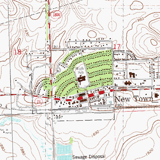 Topographic Map of New Town High School, ND