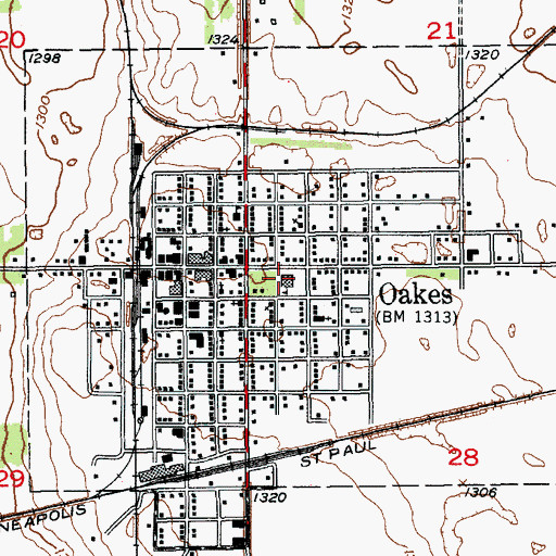 Topographic Map of Oakes High School, ND