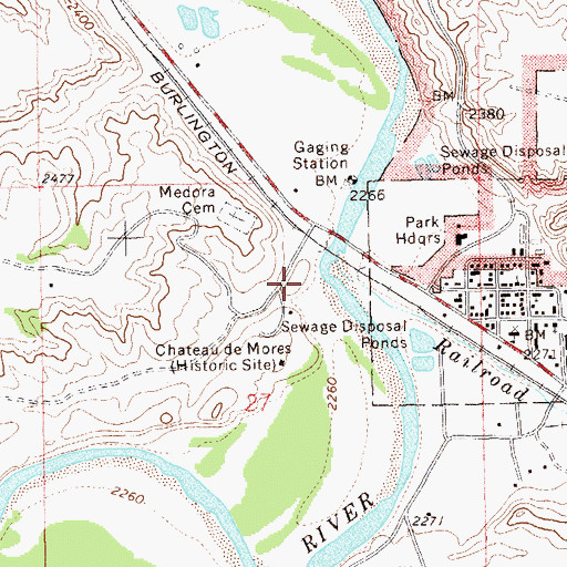 Topographic Map of Chautea de Mores Visitor Center, ND