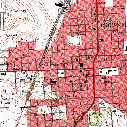 Topographic Map of Brownfield Police Department, TX