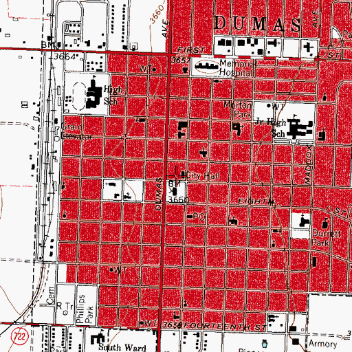Topographic Map of Dumas Police Department, TX