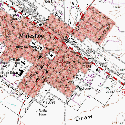 Topographic Map of Muleshoe Police Department, TX
