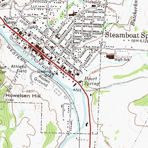 Topographic Map of Steamboat Springs Post Office, CO