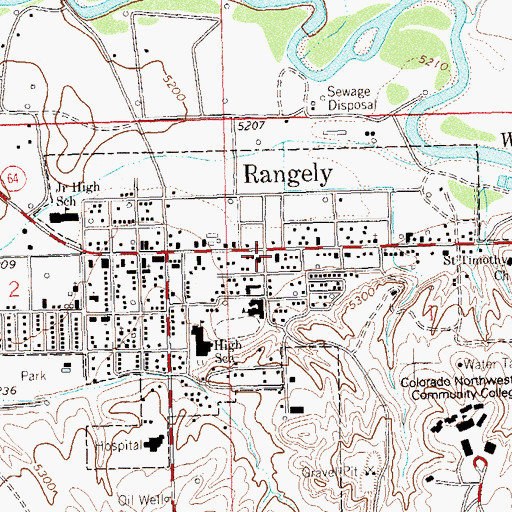 Topographic Map of Rangely Post Office, CO