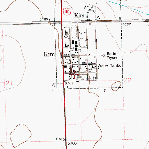 Topographic Map of Kim Post Office, CO