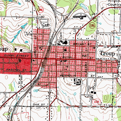Topographic Map of Troup Police Department, TX