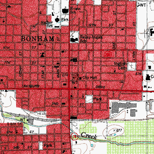Topographic Map of Bonham Police Department, TX