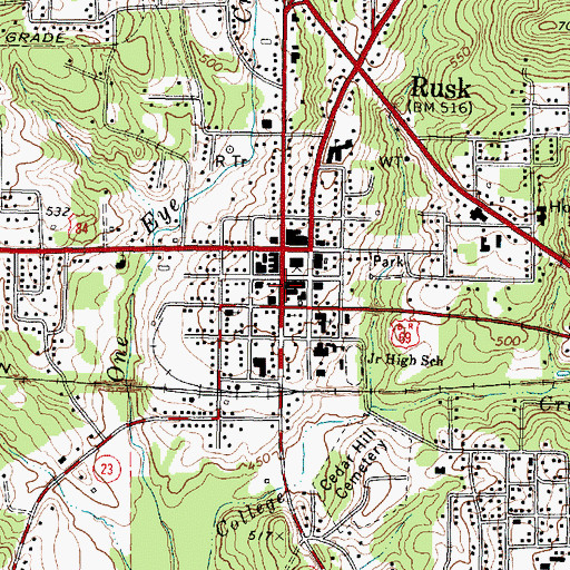Topographic Map of Rusk Police Department, TX