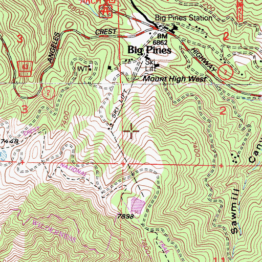 Topographic Map of Mount High West Ski Area, CA