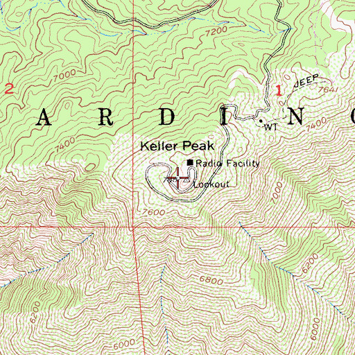 Topographic Map of Keller Peak Lookout, CA