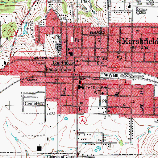 Topographic Map of Marshfield Police Department, MO