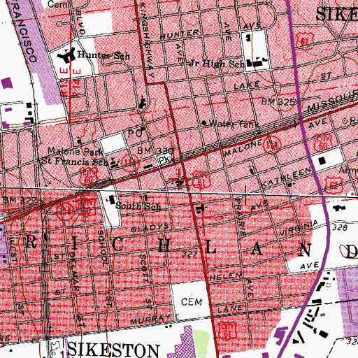 Topographic Map of Sikeston Police Department, MO