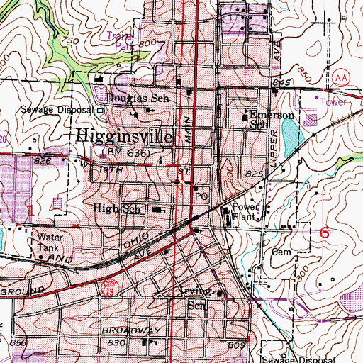 Topographic Map of Higginsville Police Department, MO