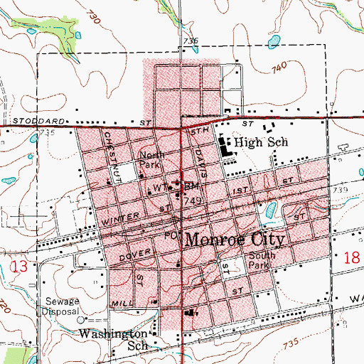 Topographic Map of Monroe City Police Department, MO